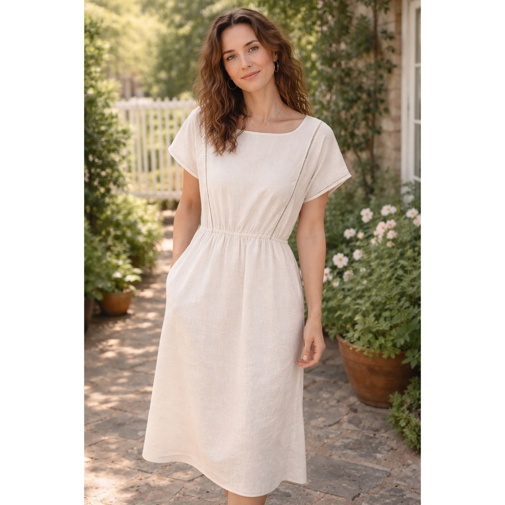 Lanz Originals Vintage White Linen Midi Dress Ladder Lace Button Back Size 13/14